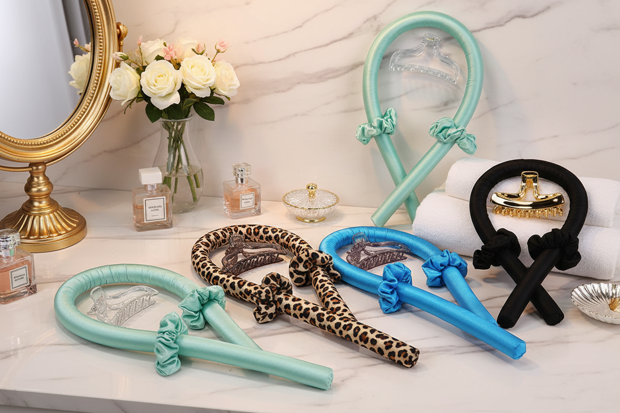 All heatless curl rods on marble vanity