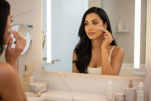 Arab woman face tape vanity setting