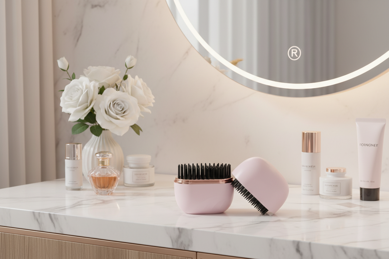 Black ionic hair brush on marble vanity