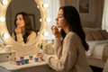 Brunette model side angle vanity with products