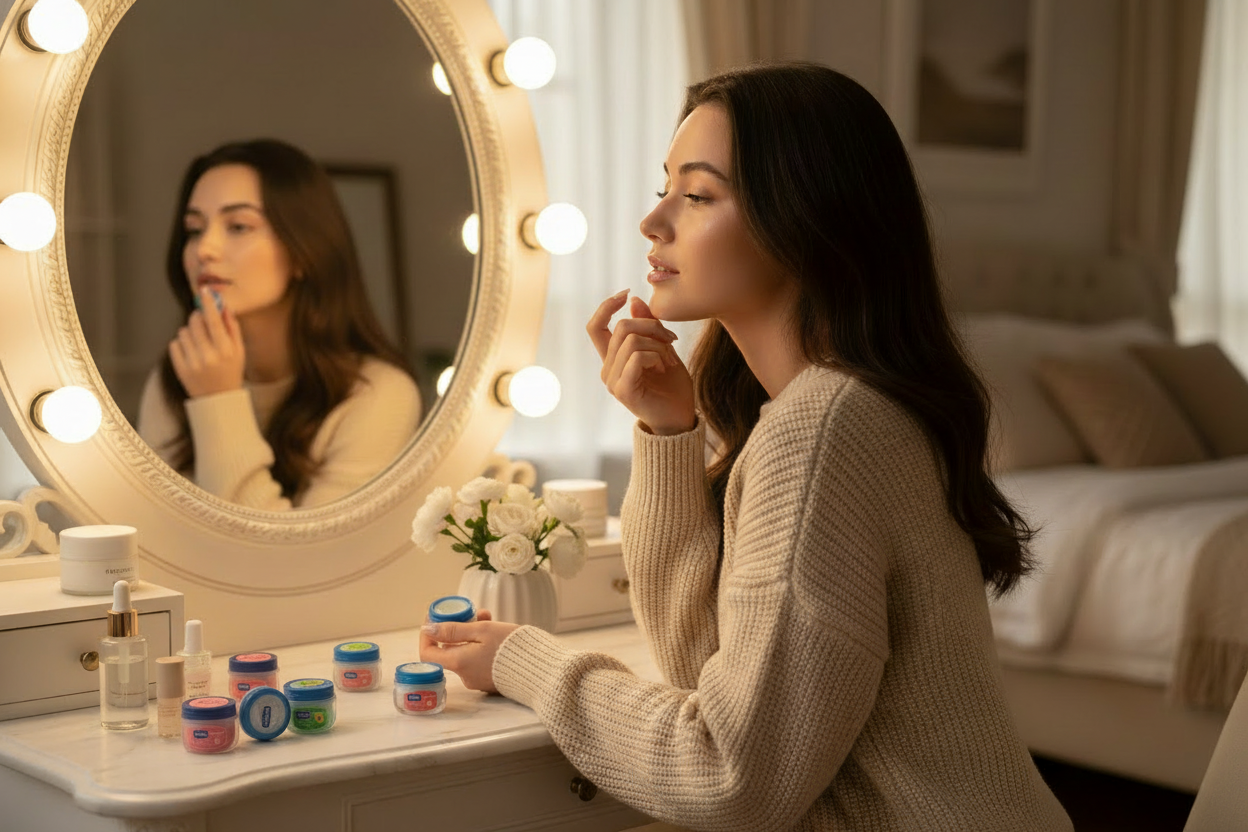 Brunette model side angle vanity with products