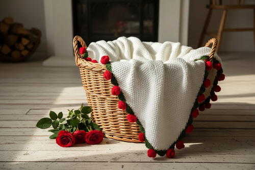 Crochet rose blanket in wicker basket