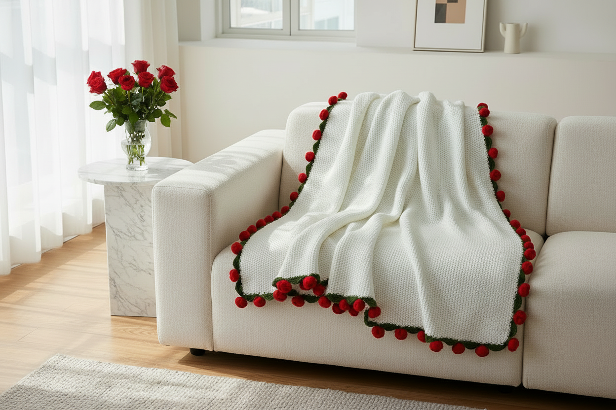 Crochet rose blanket magazine style sofa draping