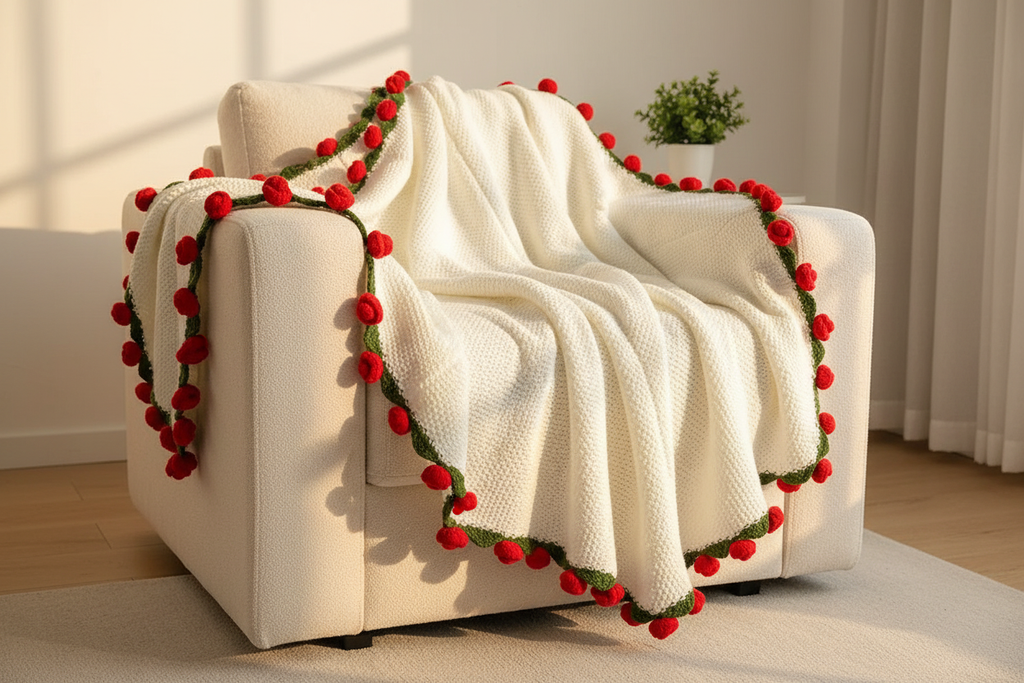 Crochet rose blanket over sofa armrest