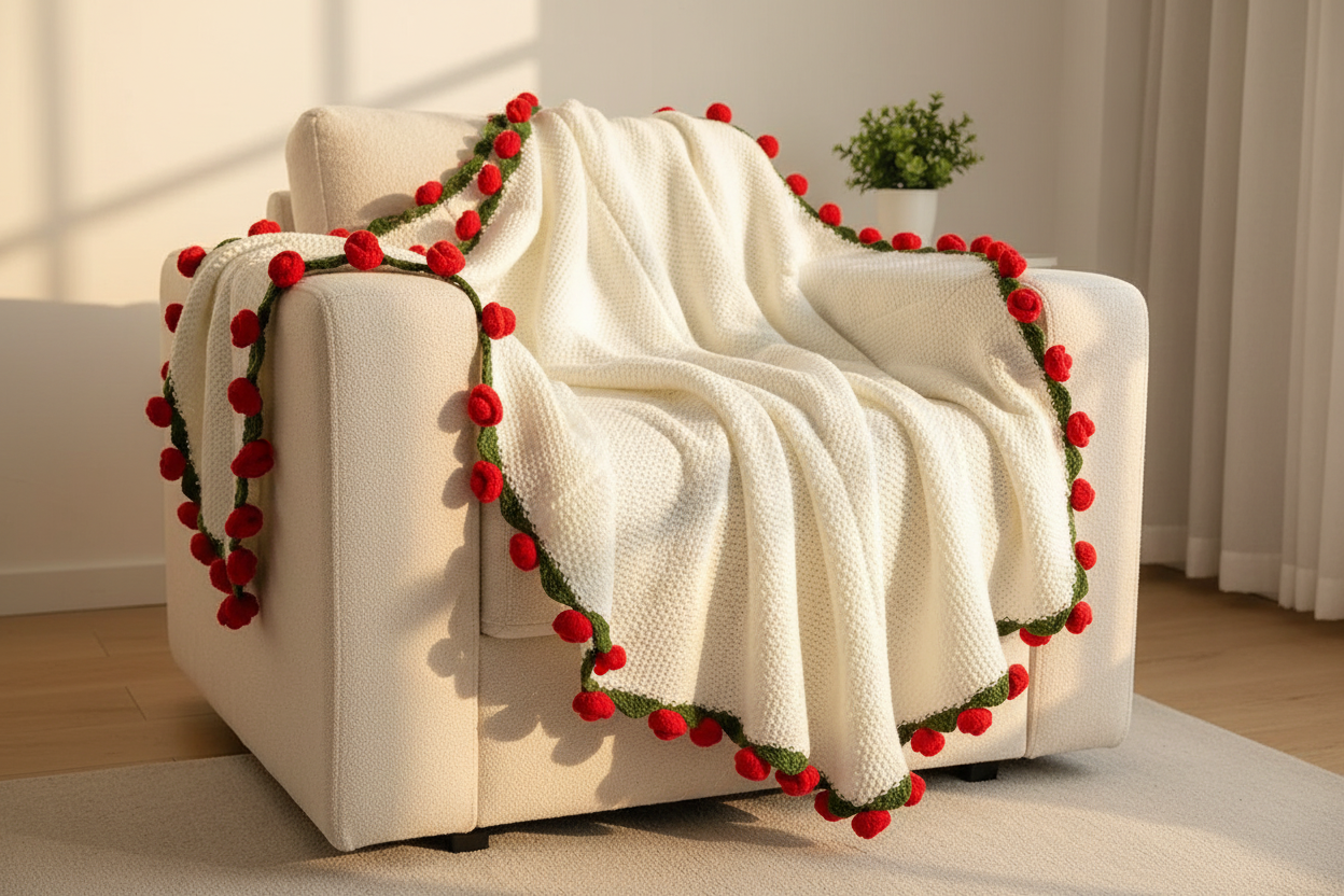Crochet rose blanket over sofa armrest