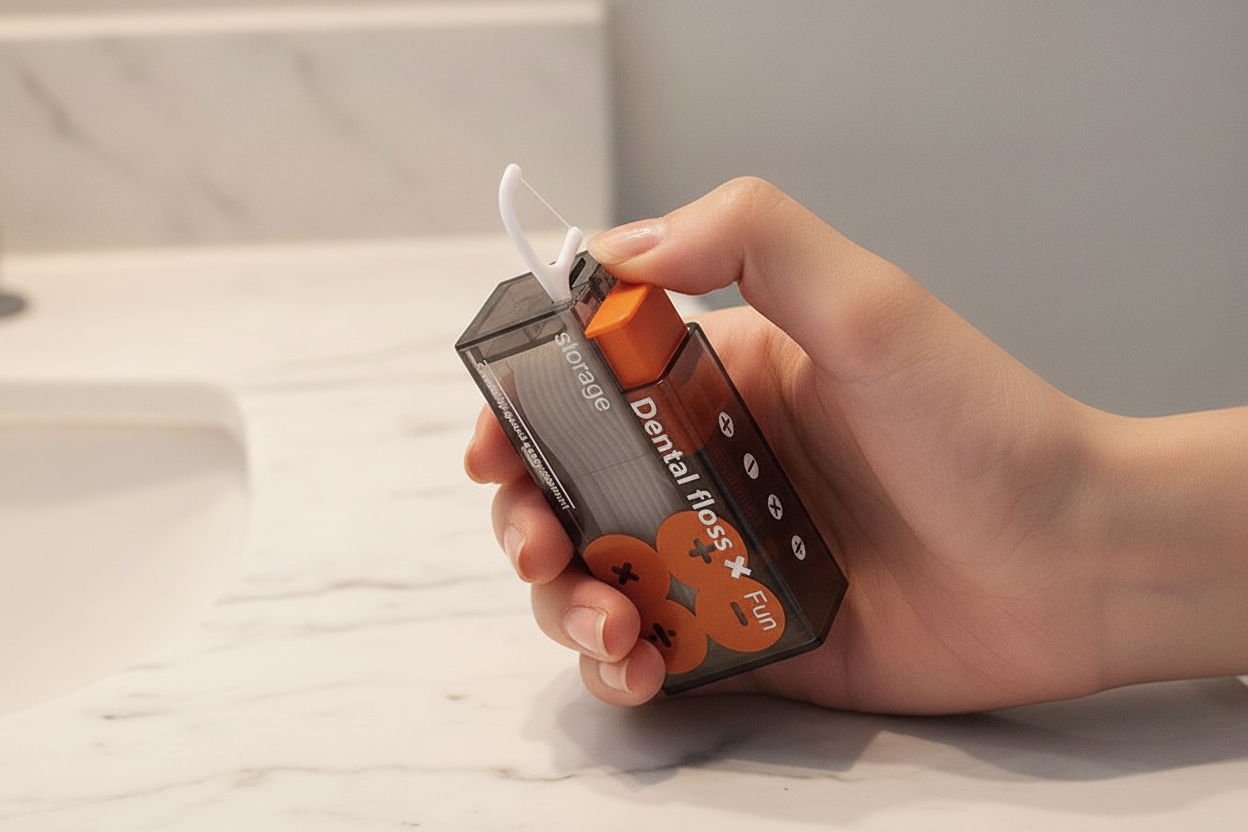 Dental floss dispenser close-up manicured hand