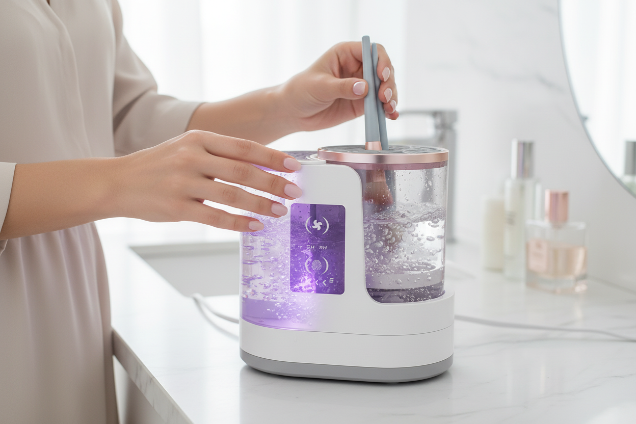 Electric brush cleaner hands close-up