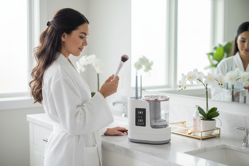 Electric brush cleaner woman holding clean brush