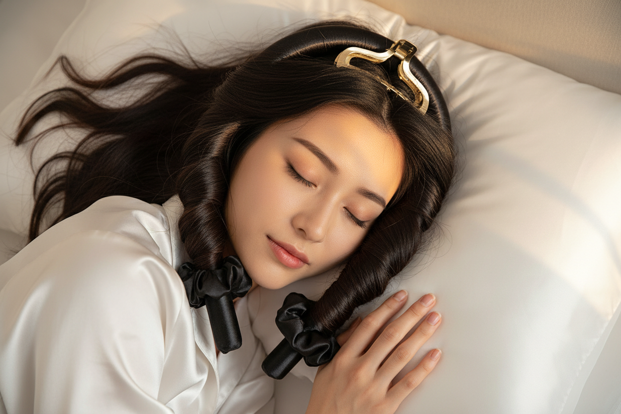 Hair wrapped around heatless curl rod sleeping
