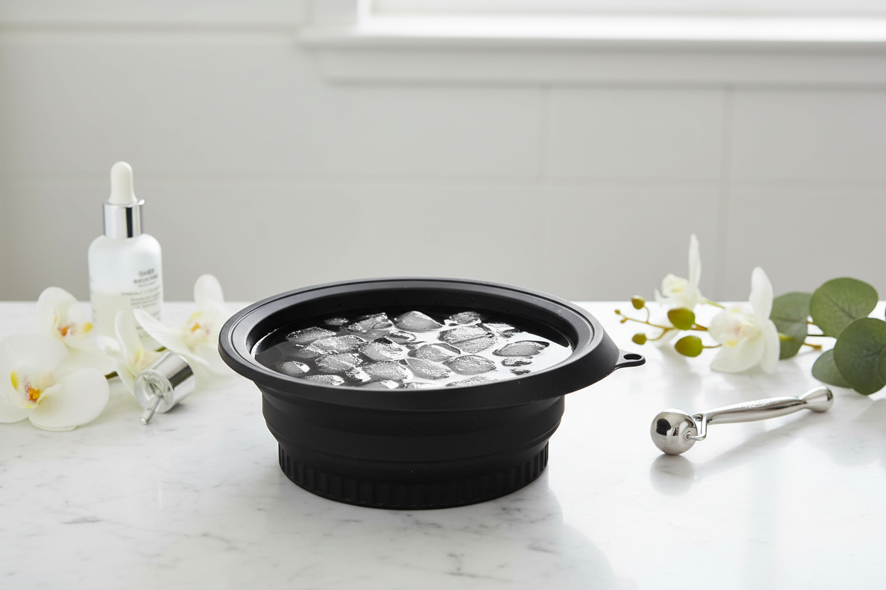 Ice facial bowl on marble bathroom counter