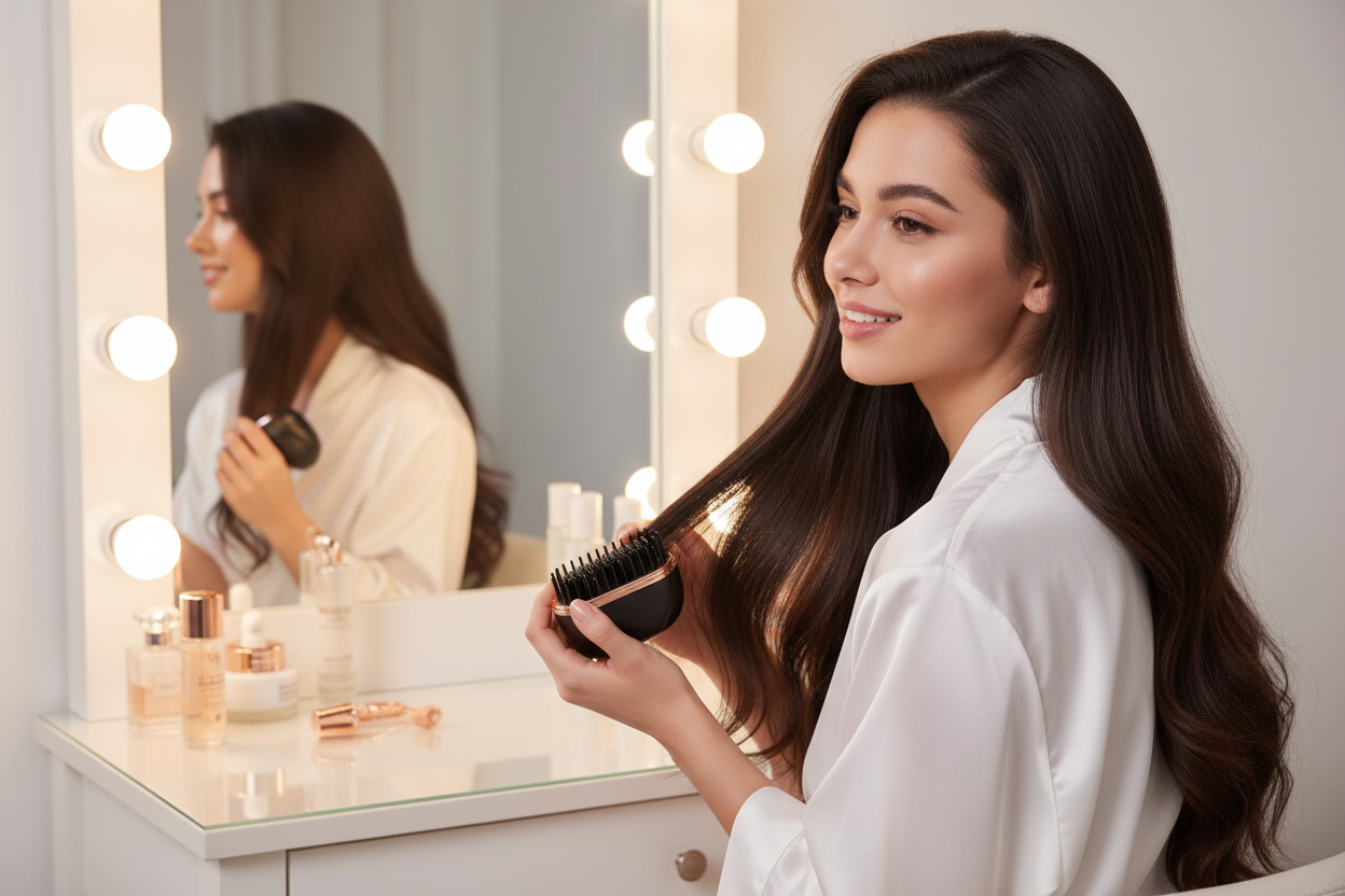 Ionic hair brush girl at Hollywood vanity mirror