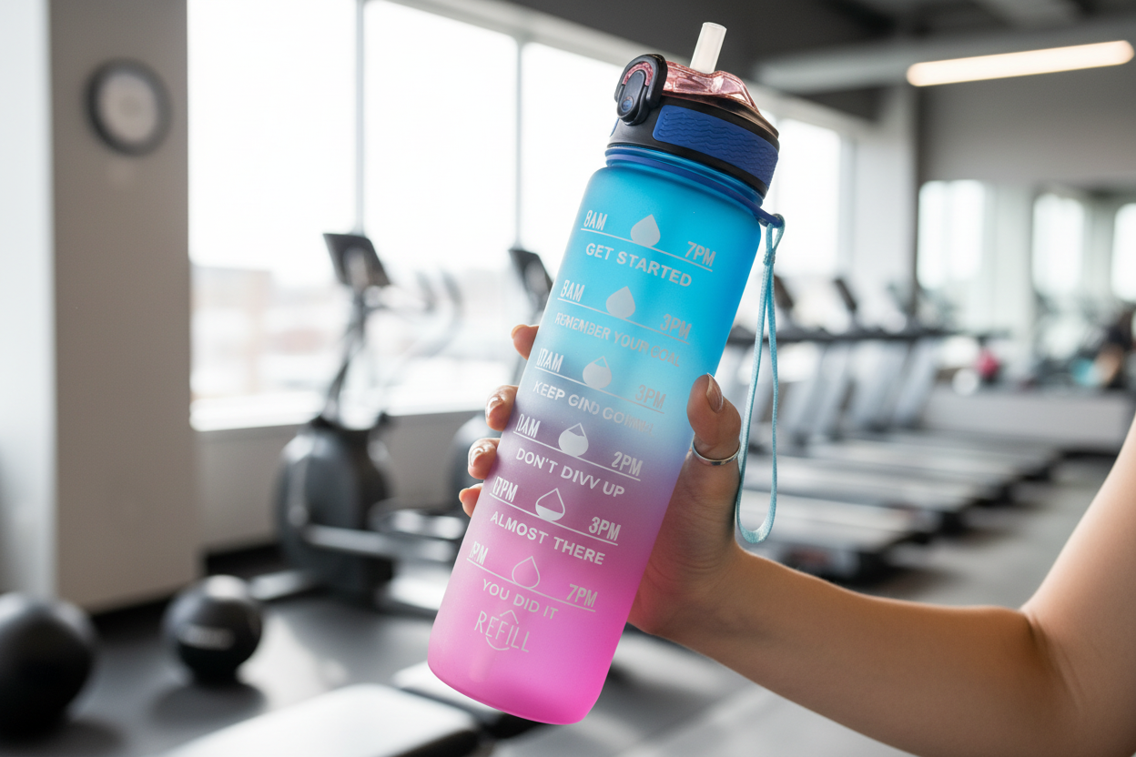 Motivational water bottle close-up hand gym