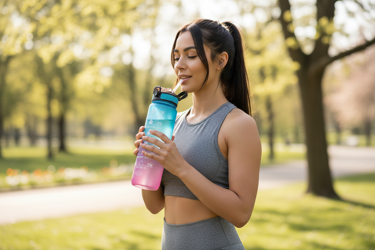 Motivational water bottle woman outdoor workout