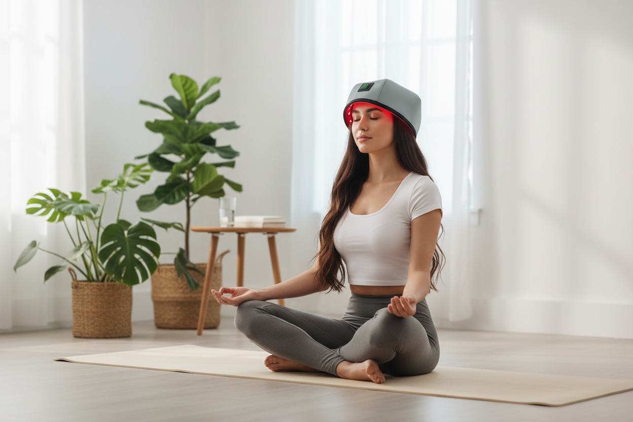 Red light therapy cap meditating yoga mat
