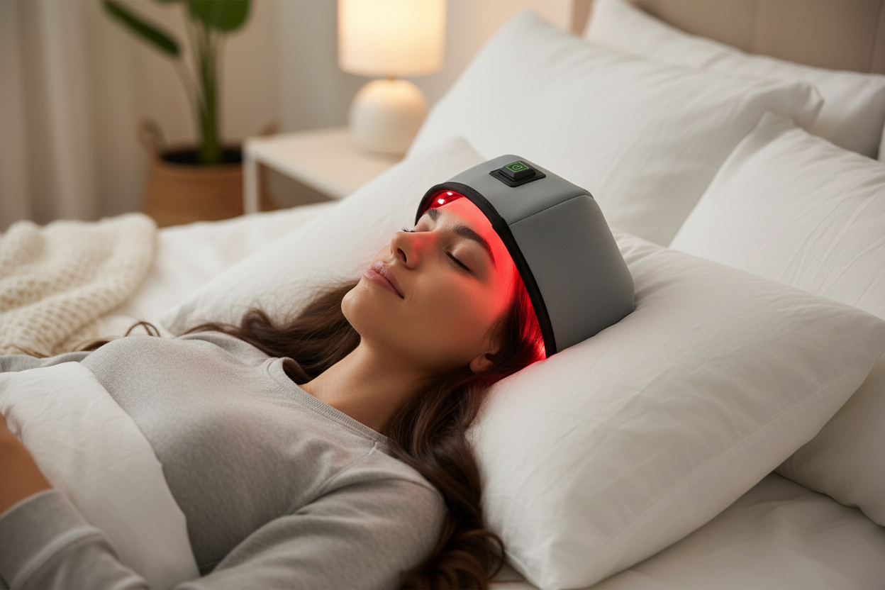 Red light therapy cap relaxing on bed