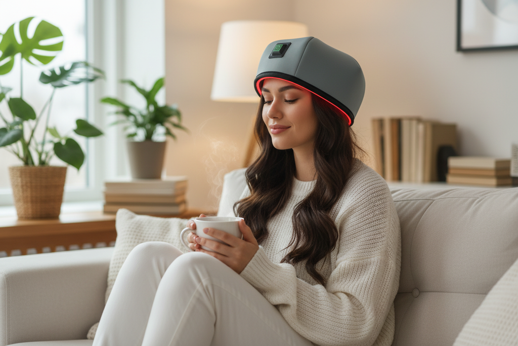 Red light therapy cap woman on sofa