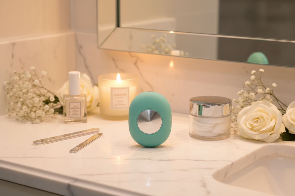 Teal nail clipper alone on bathroom vanity marble