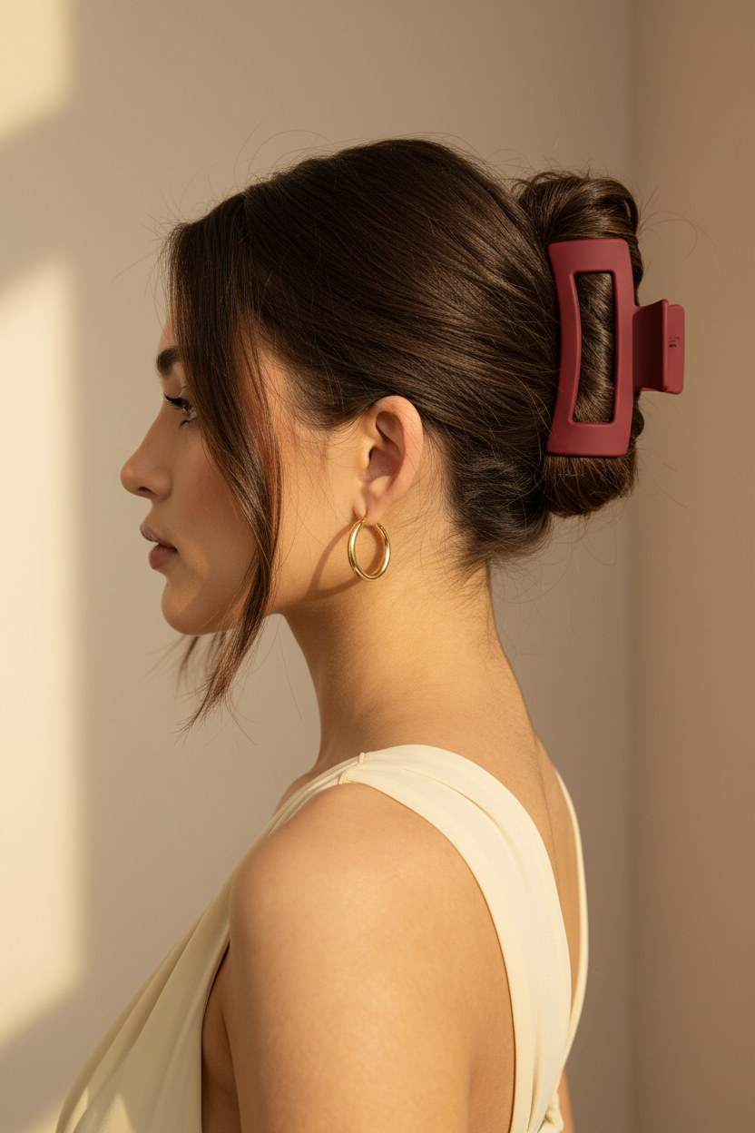 Woman using burgundy hair clip in messy bun